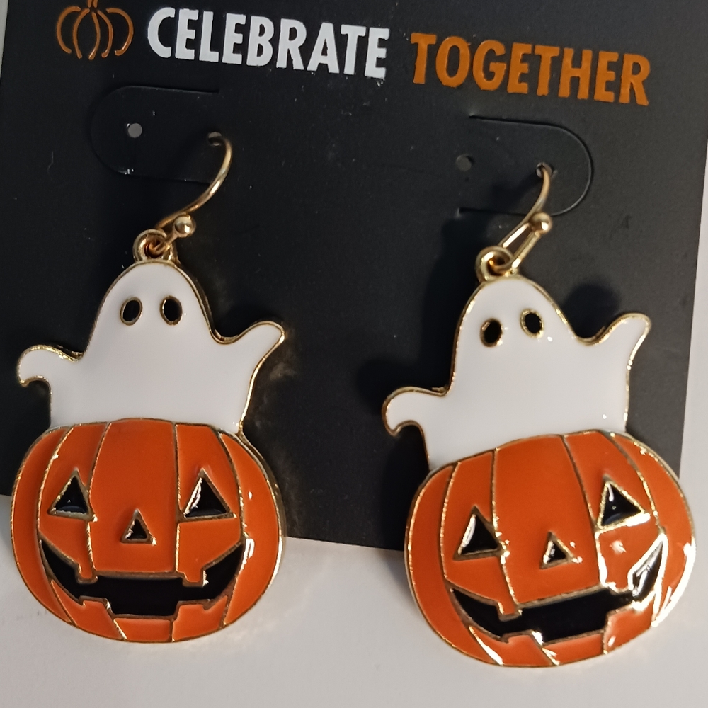 Enamel ghost on pumpkin earrings